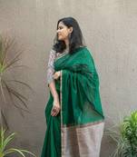 Exclusive Dark Green Cotton Silk Handloom Ghicha Pallu With Blouse Piece