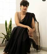 Exclusive Black Cotton Silk Handloom Ghicha Pallu With Blouse Piece