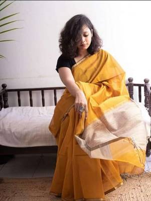Exclusive Golden Cotton Silk Handloom Ghicha Pallu With Blouse Piece 1