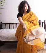 Exclusive Golden Cotton Silk Handloom Ghicha Pallu With Blouse Piece