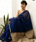 Exclusive Navy Blue Cotton Silk Handloom Ghicha Pallu With Blouse Piece