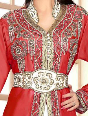Maroon & White color Handmade Moroccan Kaftan with hijjab 2