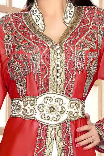 Maroon & White color Handmade Moroccan Kaftan with hijjab