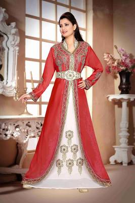 Maroon & White color Handmade Moroccan Kaftan with hijjab 1