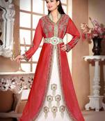 Maroon & White color luxurious Handmade Moroccan Kaftan with hijjab