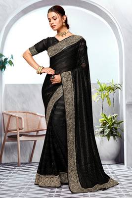 Black Heavy Zari Embroidered Siroski Stone Border Art Silk Party Wear Saree With Matching Blouse Piece 1