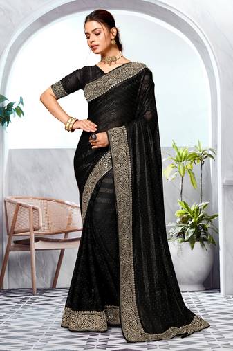 Black Heavy Zari Embroidered Siroski Stone Border Art Silk Party Wear Saree With Matching Blouse Piece