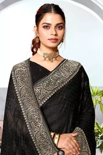 Black Heavy Zari Embroidered Siroski Stone Border Art Silk Party Wear Saree With Matching Blouse Piece