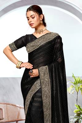 Black Heavy Zari Embroidered Siroski Stone Border Art Silk Party Wear Saree With Matching Blouse Piece 3