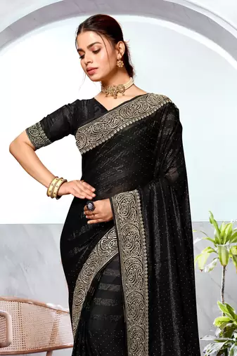 Black Heavy Zari Embroidered Siroski Stone Border Art Silk Party Wear Saree With Matching Blouse Piece