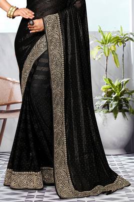 Black Heavy Zari Embroidered Siroski Stone Border Art Silk Party Wear Saree With Matching Blouse Piece 4