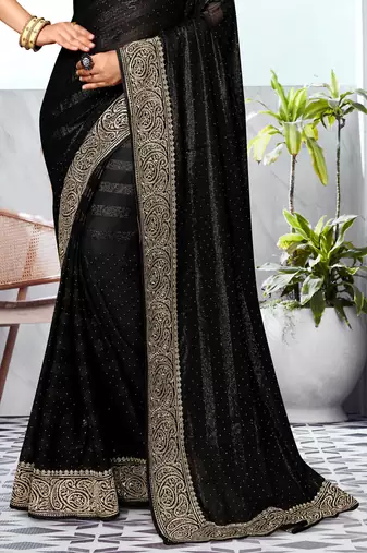 Black Heavy Zari Embroidered Siroski Stone Border Art Silk Party Wear Saree With Matching Blouse Piece