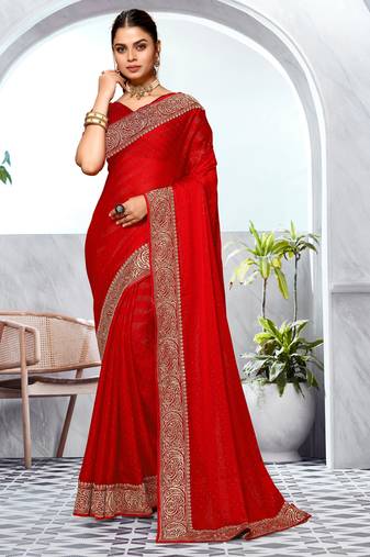 Red Heavy Zari Embroidered Siroski Stone Border Art Silk Party Wear Saree With Matching Blouse Piece