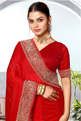 Red Heavy Zari Embroidered Siroski Stone Border Art Silk Party Wear Saree With Matching Blouse Piece 2