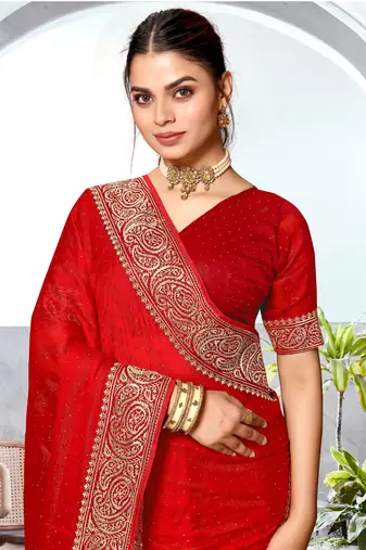 Red Heavy Zari Embroidered Siroski Stone Border Art Silk Party Wear Saree With Matching Blouse Piece