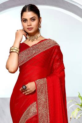 Red Heavy Zari Embroidered Siroski Stone Border Art Silk Party Wear Saree With Matching Blouse Piece 3