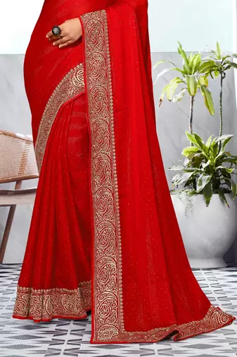 Red Heavy Zari Embroidered Siroski Stone Border Art Silk Party Wear Saree With Matching Blouse Piece