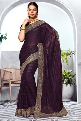 Purple Heavy Zari Embroidered Siroski Stone Border Art Silk Party Wear Saree With Matching Blouse Piece 1