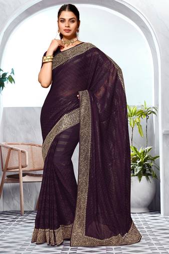 Purple Heavy Zari Embroidered Siroski Stone Border Art Silk Party Wear Saree With Matching Blouse Piece