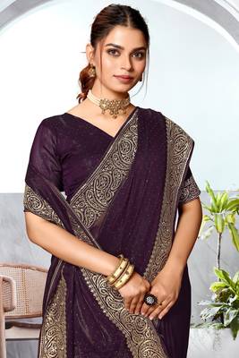 Purple Heavy Zari Embroidered Siroski Stone Border Art Silk Party Wear Saree With Matching Blouse Piece 2