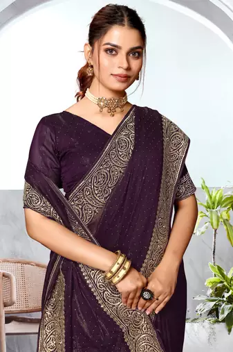 Purple Heavy Zari Embroidered Siroski Stone Border Art Silk Party Wear Saree With Matching Blouse Piece