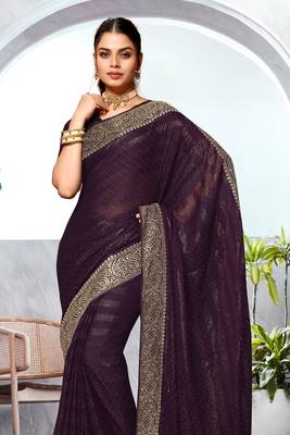 Purple Heavy Zari Embroidered Siroski Stone Border Art Silk Party Wear Saree With Matching Blouse Piece 3