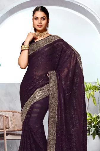 Purple Heavy Zari Embroidered Siroski Stone Border Art Silk Party Wear Saree With Matching Blouse Piece
