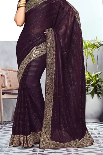 Purple Heavy Zari Embroidered Siroski Stone Border Art Silk Party Wear Saree With Matching Blouse Piece