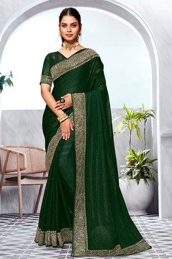 Bottle Green Heavy Zari Embroidered Siroski Stone Border Art Silk Party Wear Saree With Matching Blouse Piece