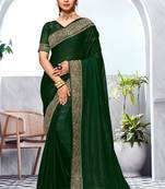 Bottle Green Heavy Zari Embroidered Siroski Stone Border Art Silk Party Wear Saree With Matching Blouse Piece