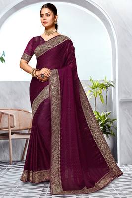 Wine Heavy Zari Embroidered Siroski Stone Border Art Silk Party Wear Saree With Matching Blouse Piece 1
