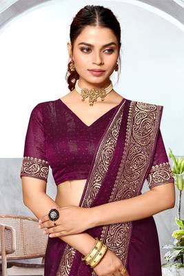 Wine Heavy Zari Embroidered Siroski Stone Border Art Silk Party Wear Saree With Matching Blouse Piece 2