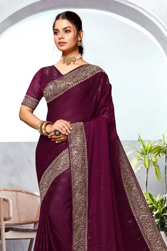 Wine Heavy Zari Embroidered Siroski Stone Border Art Silk Party Wear Saree With Matching Blouse Piece