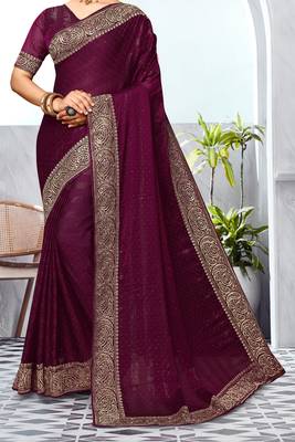 Wine Heavy Zari Embroidered Siroski Stone Border Art Silk Party Wear Saree With Matching Blouse Piece 4