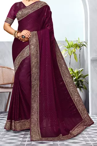 Wine Heavy Zari Embroidered Siroski Stone Border Art Silk Party Wear Saree With Matching Blouse Piece
