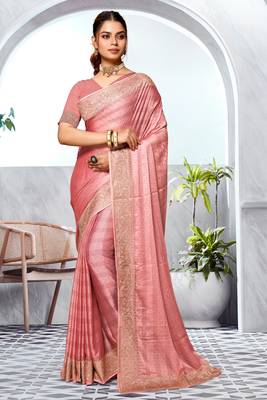 Peach Heavy Zari Embroidered Siroski Stone Border Art Silk Party Wear Saree With Matching Blouse Piece 1
