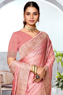 Peach Heavy Zari Embroidered Siroski Stone Border Art Silk Party Wear Saree With Matching Blouse Piece 2