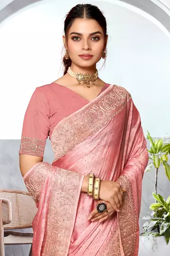 Peach Heavy Zari Embroidered Siroski Stone Border Art Silk Party Wear Saree With Matching Blouse Piece