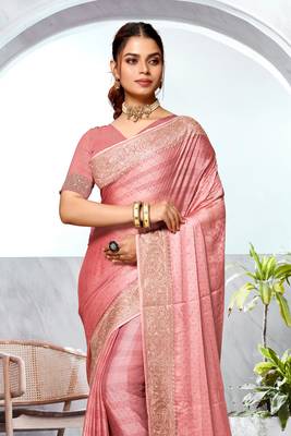 Peach Heavy Zari Embroidered Siroski Stone Border Art Silk Party Wear Saree With Matching Blouse Piece 3