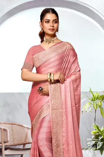 Peach Heavy Zari Embroidered Siroski Stone Border Art Silk Party Wear Saree With Matching Blouse Piece