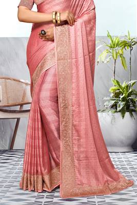 Peach Heavy Zari Embroidered Siroski Stone Border Art Silk Party Wear Saree With Matching Blouse Piece 4