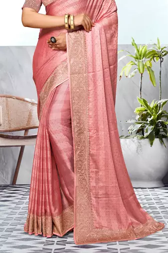 Peach Heavy Zari Embroidered Siroski Stone Border Art Silk Party Wear Saree With Matching Blouse Piece
