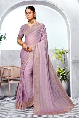 Lavender Heavy Zari Embroidered Siroski Stone Border Art Silk Party Wear Saree With Matching Blouse Piece 1