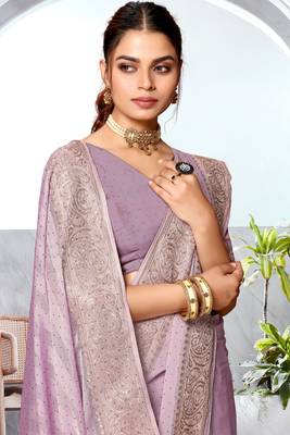 Lavender Heavy Zari Embroidered Siroski Stone Border Art Silk Party Wear Saree With Matching Blouse Piece 2