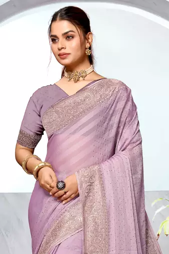 Lavender Heavy Zari Embroidered Siroski Stone Border Art Silk Party Wear Saree With Matching Blouse Piece