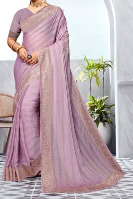 Lavender Heavy Zari Embroidered Siroski Stone Border Art Silk Party Wear Saree With Matching Blouse Piece 4