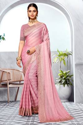 Pink Heavy Zari Embroidered Siroski Stone Border Art Silk Party Wear Saree With Matching Blouse Piece 1