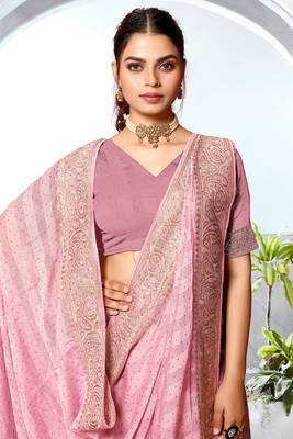 Pink Heavy Zari Embroidered Siroski Stone Border Art Silk Party Wear Saree With Matching Blouse Piece 2