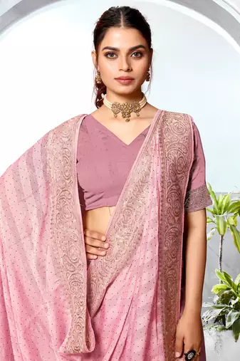 Pink Heavy Zari Embroidered Siroski Stone Border Art Silk Party Wear Saree With Matching Blouse Piece