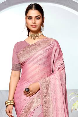 Pink Heavy Zari Embroidered Siroski Stone Border Art Silk Party Wear Saree With Matching Blouse Piece 3